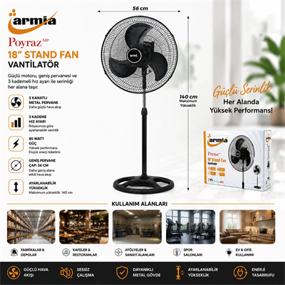 18 İnç Sanayi Vantilatör  3 Metal Kanat: Çap:56cm - Y: 140cm - 3 Kademe Hız   80w Bx40