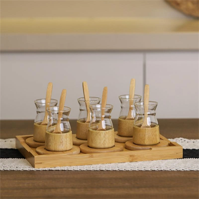 18 Parça Bambu Çay Seti - 6 Çay Bardağı - Borosilikat Cam