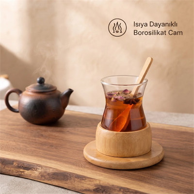 18 Parça Bambu Çay Seti - 6 Çay Bardağı - Borosilikat Cam