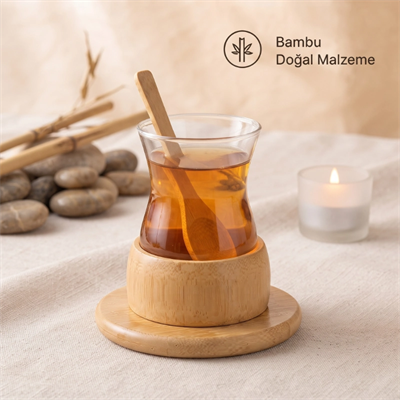 18 Parça Bambu Çay Seti - 6 Çay Bardağı - Borosilikat Cam