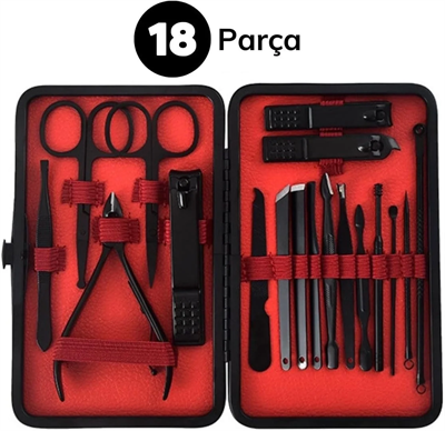 18 Parça Manikür Pedikür Set Kutusu Çelik Deri Çantalı Bakım Seti Bx40