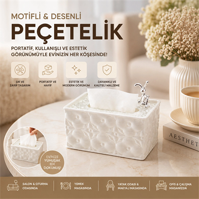 18.4x12.5x9cm Beyaz Yaylı Masaüstü Dekoratif Dikdörtgen Peçetelik Bx40