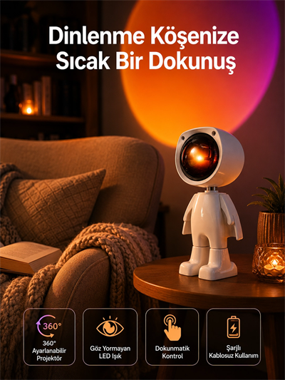 180 Derece Dönebilen Astronot Masa ve Gece Lambası Projektör