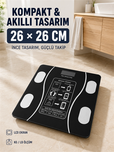 180 Kg Akıllı Cam Tartı Bluetooth Vücut Yağ Kas Su ve BMI Ölçüm Destekli Baskül