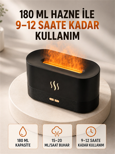 180 ML Alev Efektli Aroma Difüzörü Ultrasonik Buharlı Aromaterapi Cihazı