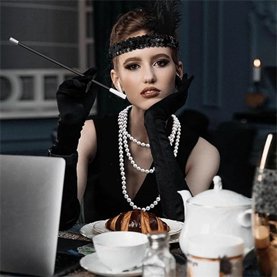 192039ler Gatsby Aksesuar Seti – Siyah Charleston Saç Bandı, Uzun Eldiven  Lık
