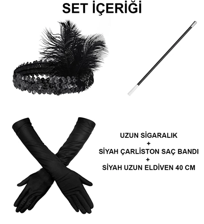 1920'ler Gatsby Aksesuar Seti – Siyah Charleston Saç Bandı, Uzun Eldiven & Sigaralık