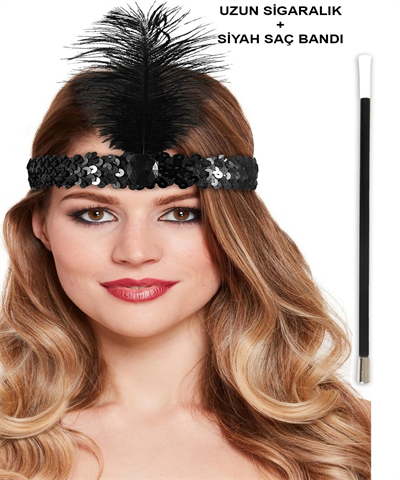 1920'ler Gatsby Aksesuar Seti – Siyah Charleston Saç Bandı & Sigaralık