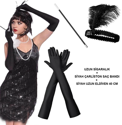 1920'ler Gatsby Aksesuar Seti – Siyah Charleston Saç Bandı, Uzun Eldiven & Sigaralık