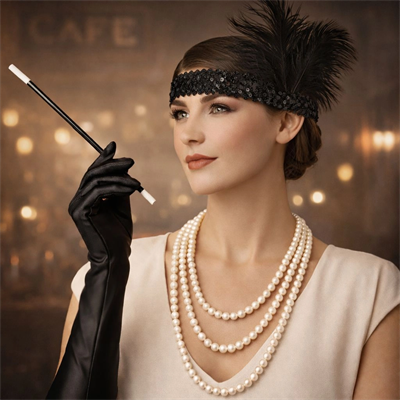 1920’ler Çarliston Aksesuar Seti – İnci Kolye, Eldiven, Sigara Tutucu, Siyah Saç Bandı