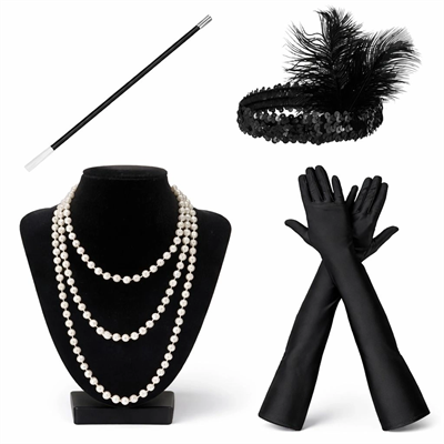 1920’ler Çarliston Aksesuar Seti – İnci Kolye, Eldiven,  Tutucu, Siyah Saç Bandı