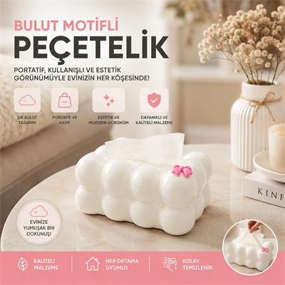 19x12.5x8.5cm Beyaz Yaylı Masaüstü Bubble Dekoratif Bulut Peçetelik Bx40