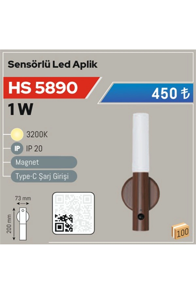 1W Magnetli Sensörlü LED Aplik HS-5890 Kablosuz Duvar Lambası Gün Işığı
