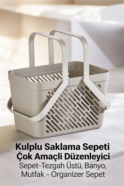 1li Gri Çok Amaçlı Kulplu Sepet Mutfak Banyo Organizer Taşıma Sepeti