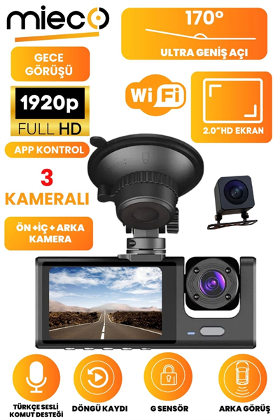 1s Wifi / App /1920p Fhd/ 170° Ultra Geniş Açı/gece Görüş/ G-sensörü 3 Kameralı Araç Kamerası(2025)