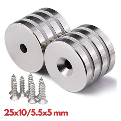 2 Adet 25x10/5x5,5 mm Neodyum Mıknatıs Havşa Delikli Magnet Vida Atılabilir N35 Nikel Paslanmaz
