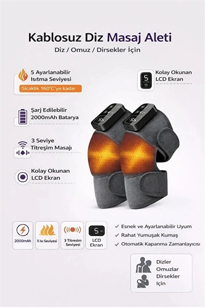 2 Adet Şarjlı Isıtmalı Diz Masaj Aleti – Titreşimli Fizyoterapi Dizlik | Diz Omuz Kol Bacak