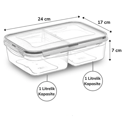 2 Bölmeli 1+1 Litre Kilitli Kapaklı Erzak Saklama Kabı Lc-525 Bx40