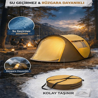 2 Kişilik Vagon Tipi Yarı Otomatik Kamp Çadırı – Çift Kapılı, Çift Pencereli, Hafif Taşınabilir Outdoor Doğa Çadırı 220x120x90 Cm Bx40