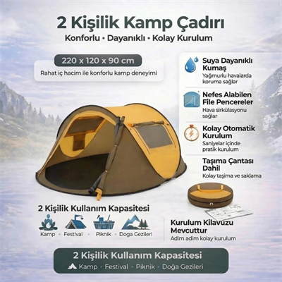 2 Kişilik Vagon Tipi Yarı Otomatik Kamp Çadırı – Çift Kapılı, Çift Pencereli, Hafif Taşınabilir Outdoor Doğa Çadırı 220x120x90 Cm Bx40