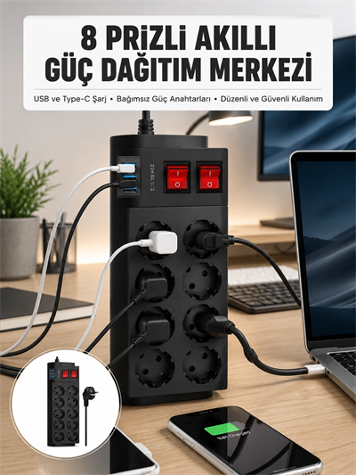 2 Metre Güçlü Çoklu Priz 8 Soket Yeni Nesil