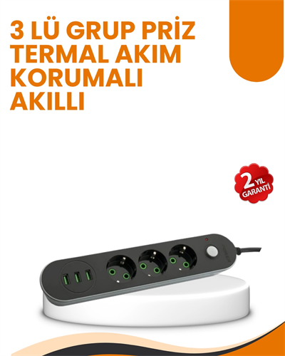 2 Metre Kablolu 3 USB Portlu Anahtarlı Üçlü Priz