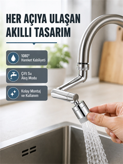 2 Modlu 1080° Dönebilen Musluk Başlığı Esnek 3 Eklemli Hareketli Tasarım