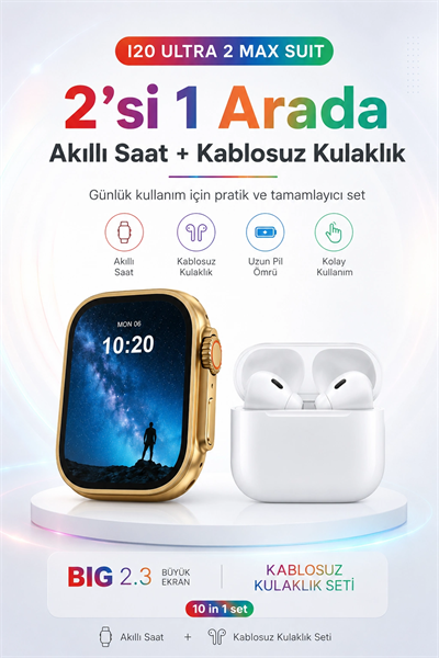 2.3 İnç Geniş Ekranlı Akıllı Saat Ve Kablosuz Kulaklık 10 Parça Aksesuar Seti