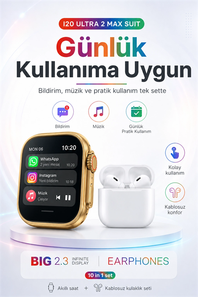 2.3 İnç Geniş Ekranlı Akıllı Saat Ve Kablosuz Kulaklık 10 Parça Aksesuar Seti