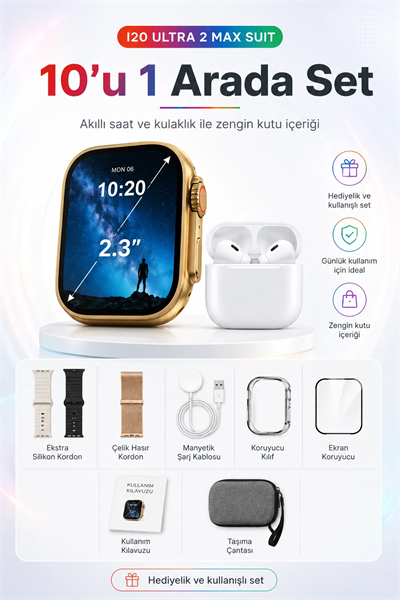 2.3 İnç Geniş Ekranlı Akıllı Saat Ve Kablosuz Kulaklık 10 Parça Aksesuar Seti