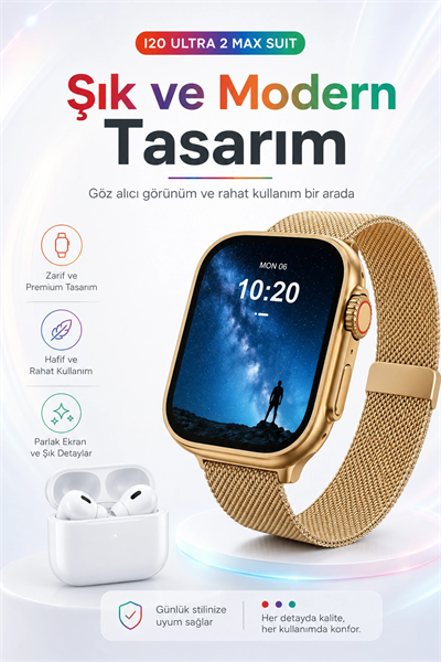 2.3 İnç Geniş Ekranlı Akıllı Saat Ve Kablosuz Kulaklık 10 Parça Aksesuar Seti