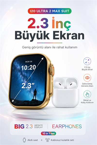 2.3 İnç Geniş Ekranlı Akıllı Saat Ve Kablosuz Kulaklık 10 Parça Aksesuar Seti