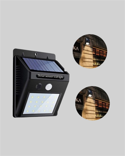 20 LED Güneş Paneli Aydınlatma – Fotoselli ve Hareket Algılamalı Dış Mekan Duvar Lambası