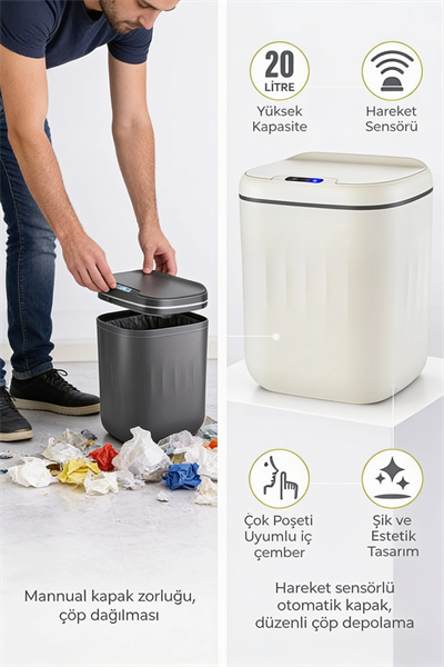 20 Litre Hareket Sensörlü Akıllı Çöp Kovası Beyaz