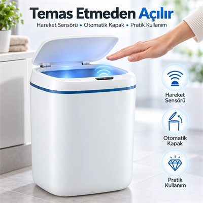 20 Litre Sensörlü Temassız  Otomatik Çöp Kovası Beyaz