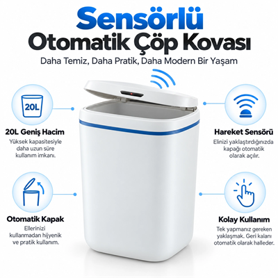 20 Litre Sensörlü Temassız  Otomatik Çöp Kovası Beyaz