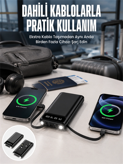 20.000 Mah Led Işıklı LCD Ekran USB Girişli Type-C Lightning Powerbank Yeni Nesil