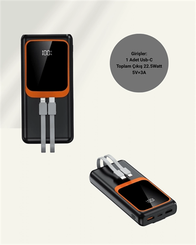 20.000 mAh Powerbank – 22.5W Hızlı Şarj, Çok Kablolu, Dijital Göstergeli