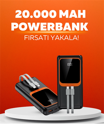 20.000 mAh Powerbank – 22.5W Hızlı Şarj, Çok Kablolu, Dijital Göstergeli