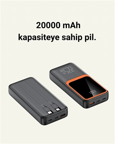 20.000 mAh Powerbank – 22.5W Hızlı Şarj, Çok Kablolu, Dijital Göstergeli