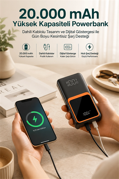 20.000 mAh Taşınabilir Şarj Cihazı Dijital Göstergeli Kablolu Powerbank