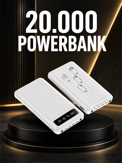 20.000mAh PD Powerbank LED Işık LCD Ekran Dahili Kablo Çoklu Giriş Yeni Nesil