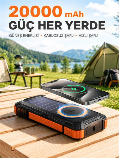 20000 mAh Powerbank Güneş Enerjili Kablosuz Şarj Hızlı Şarj Taşınabilir Batarya