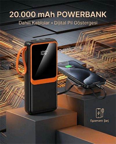 20000 mAh Yüksek Kapasiteli Powerbank Dahili Kablolu Dijital Göstergeli Taşınabilir Şarj Cihazı