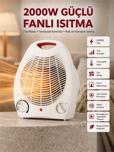 2000W Taşınabilir Elektrikli Fanlı Isıtıcı – Hızlı Isınma, Kompakt Boy