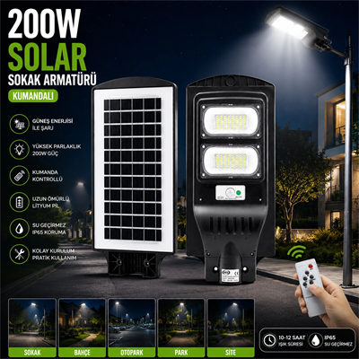 200w - 6500k Solar - Güneş Enerjili Sokak Lambası - Armatür Sensörlü Bahçe-balkon-sokak Ars-348965 Bx40