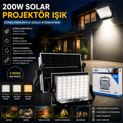 200w Güneş Enerjili Led Işık Solar Projektör - Fener Kamp - Dış Mekan 3 Farklı Led Işık 348961 Lmb Bx40
