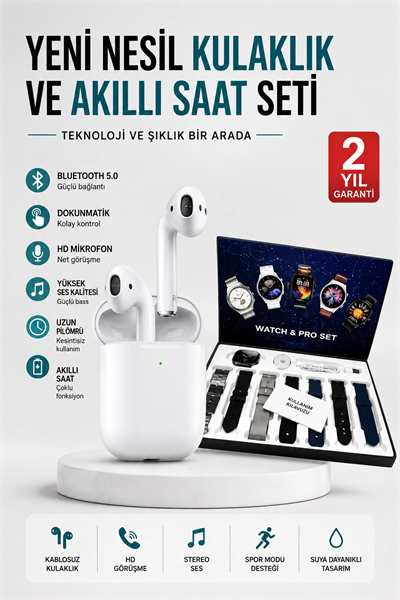 2025 Model Akıllı Saat ve 2.Nesil TWS Bluetooth Kulaklık Yüksek Ses Kaliteli