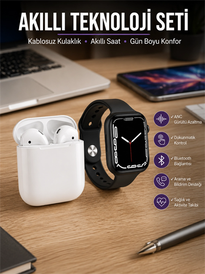 2025 Model Akıllı Saat ve 2.Nesil TWS Bluetooth Kulaklık ANC Özelliği Amoled Ekran
