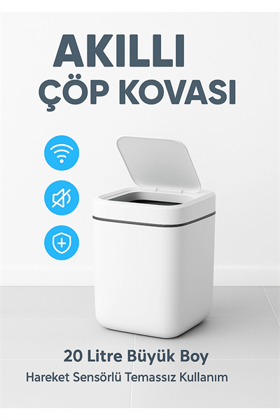 20L Akıllı Sensörlü Çöp Kovası UV Işık Koku Geçirmez Mutfak Banyo Ofis İçin